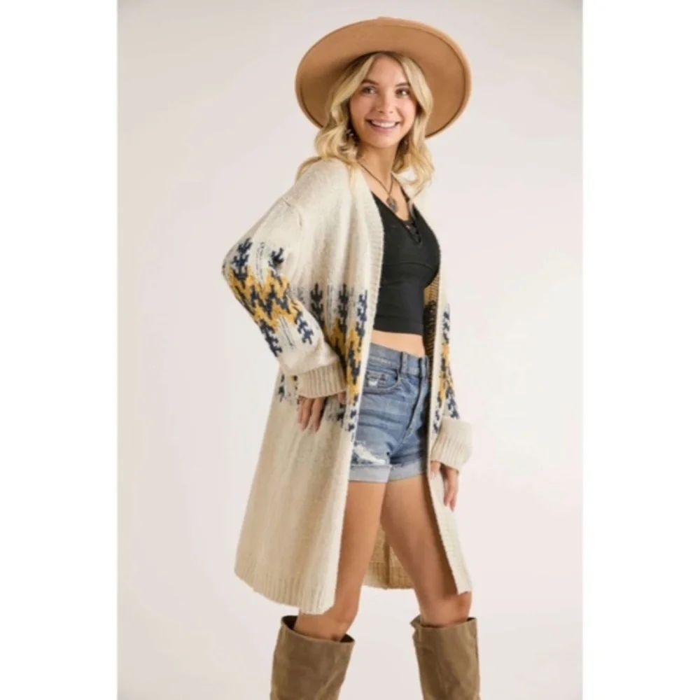 Ivory Mustard Tribal Pattern Puff Sleeve Knit Cardigan Sweater Fall Winter - Picture 6 of 7